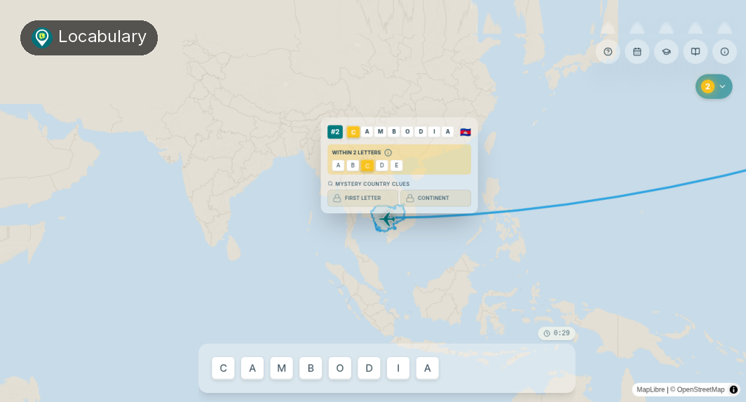 Mid-play Locabulary on a shared screen: map hop and letter bands visible