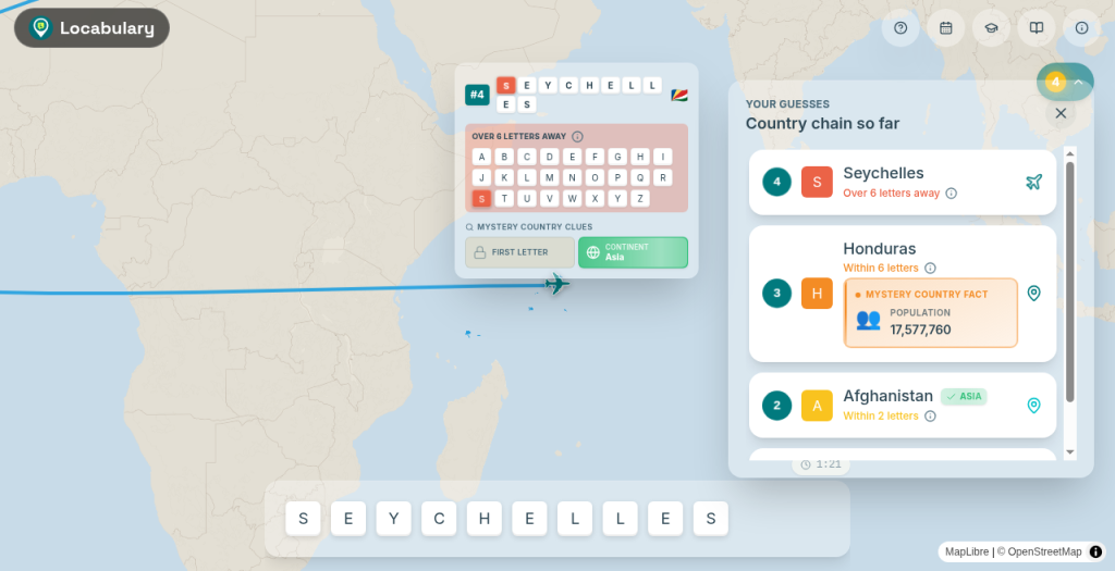 Mid-play Locabulary board: a country chain (Seychelles, Honduras, Afghanistan) and the letter bands on screen, from over 6 letters away to within 2