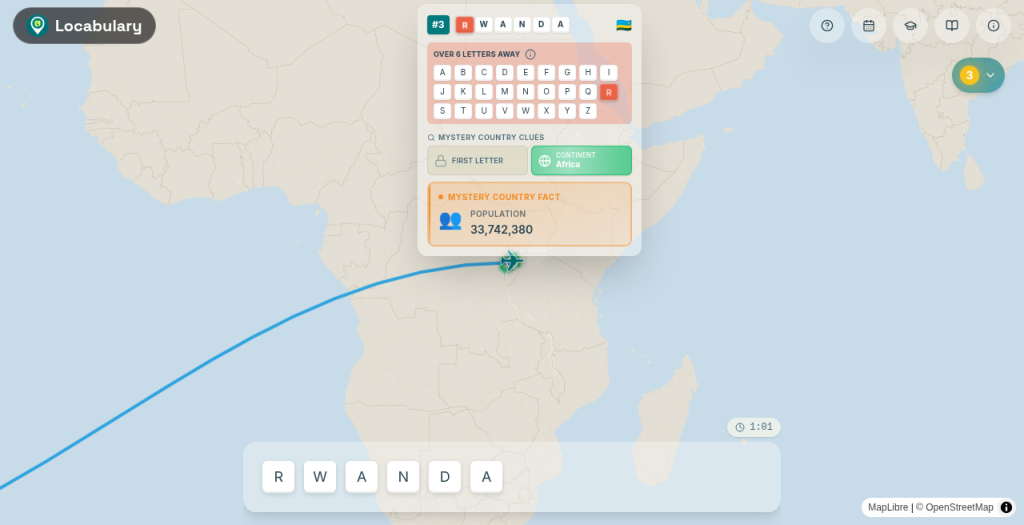 Locabulary mid-play with later clues visible on a shared classroom screen